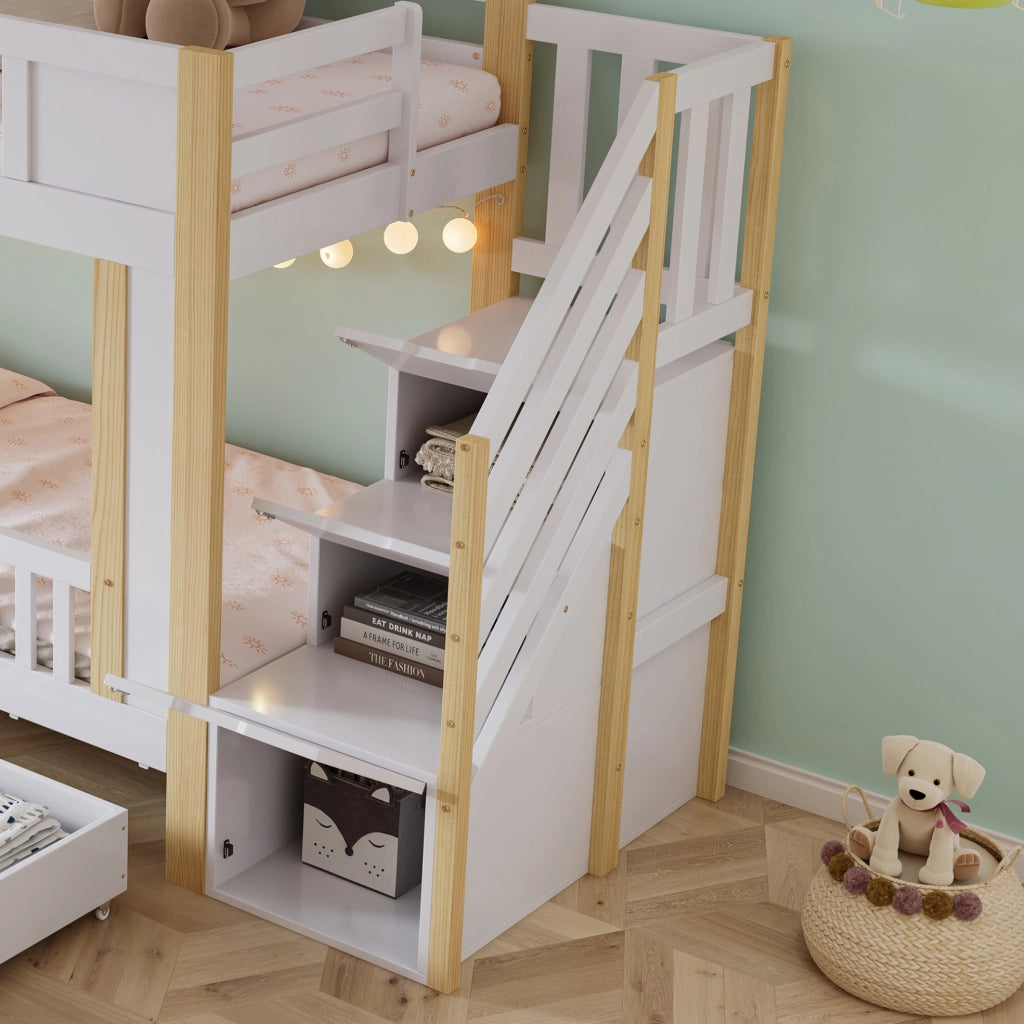 Letto a castello per bambini 90x200 cm con scala contenitore e 3 cassetti