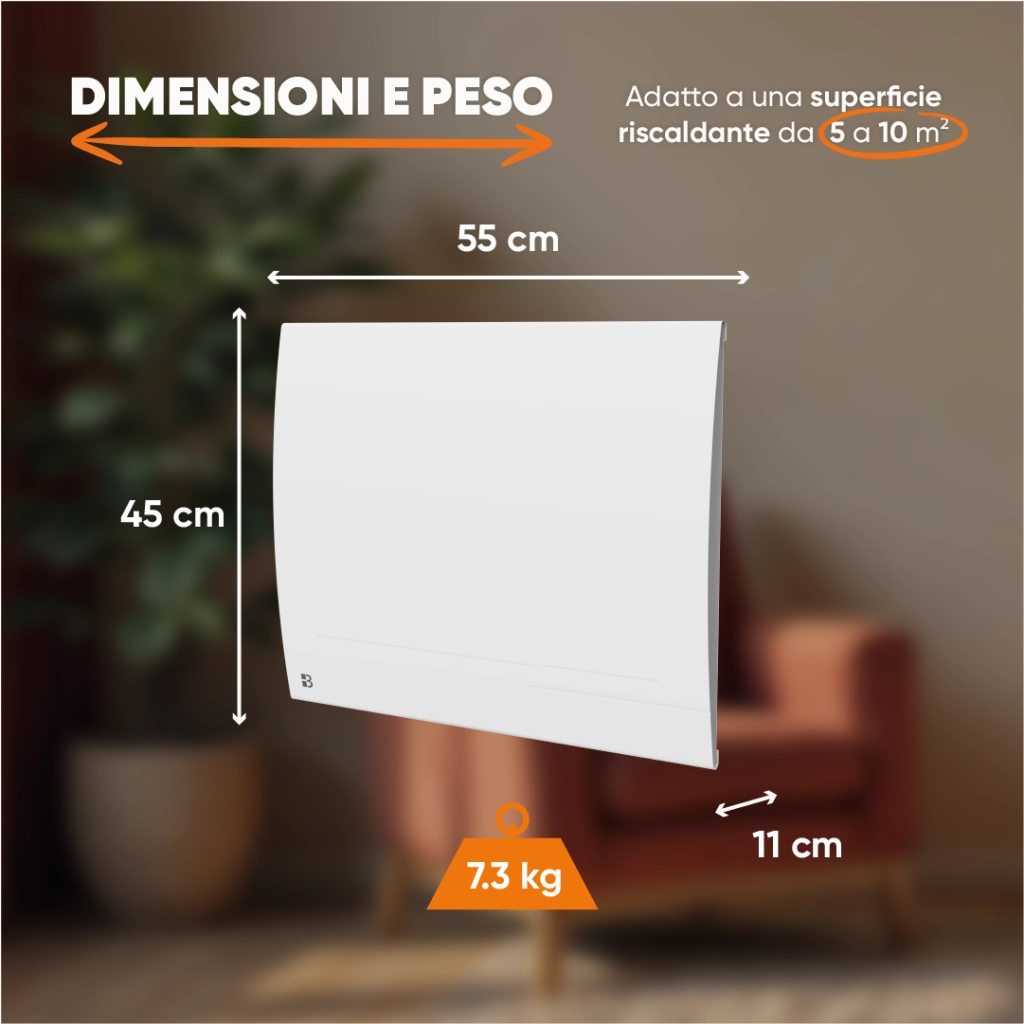 Radiatore elettrico fisso connesso WIFI con inerzia ceramica a secco 1000W LESSO CONNECT orizzontale bianco
