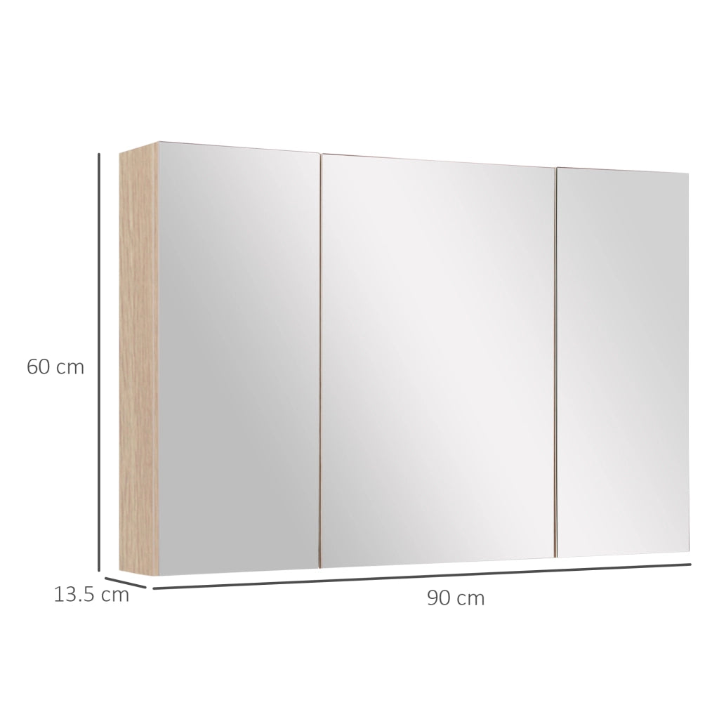 Specchio Bagno Contenitore con 3 Ante a Specchio Soft Close, Specchiera Bagno con Ripiani Regolabili in Legno e Vetro, 90x13.5x60 cm, Color Legno