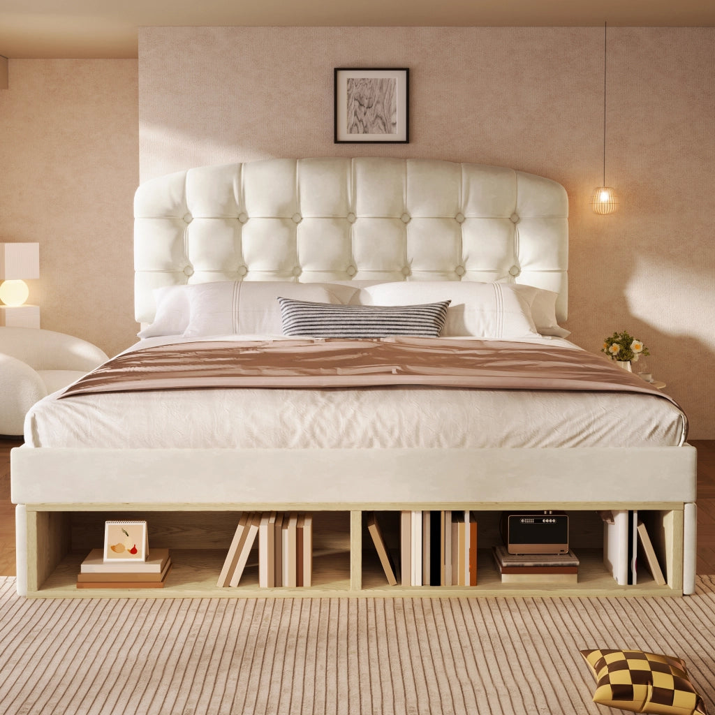 DESMIU Letto matrimoniale 140 × 200 cm 2 posti con testiera regolabile, cassetti e contenitore, senza materasso, beige