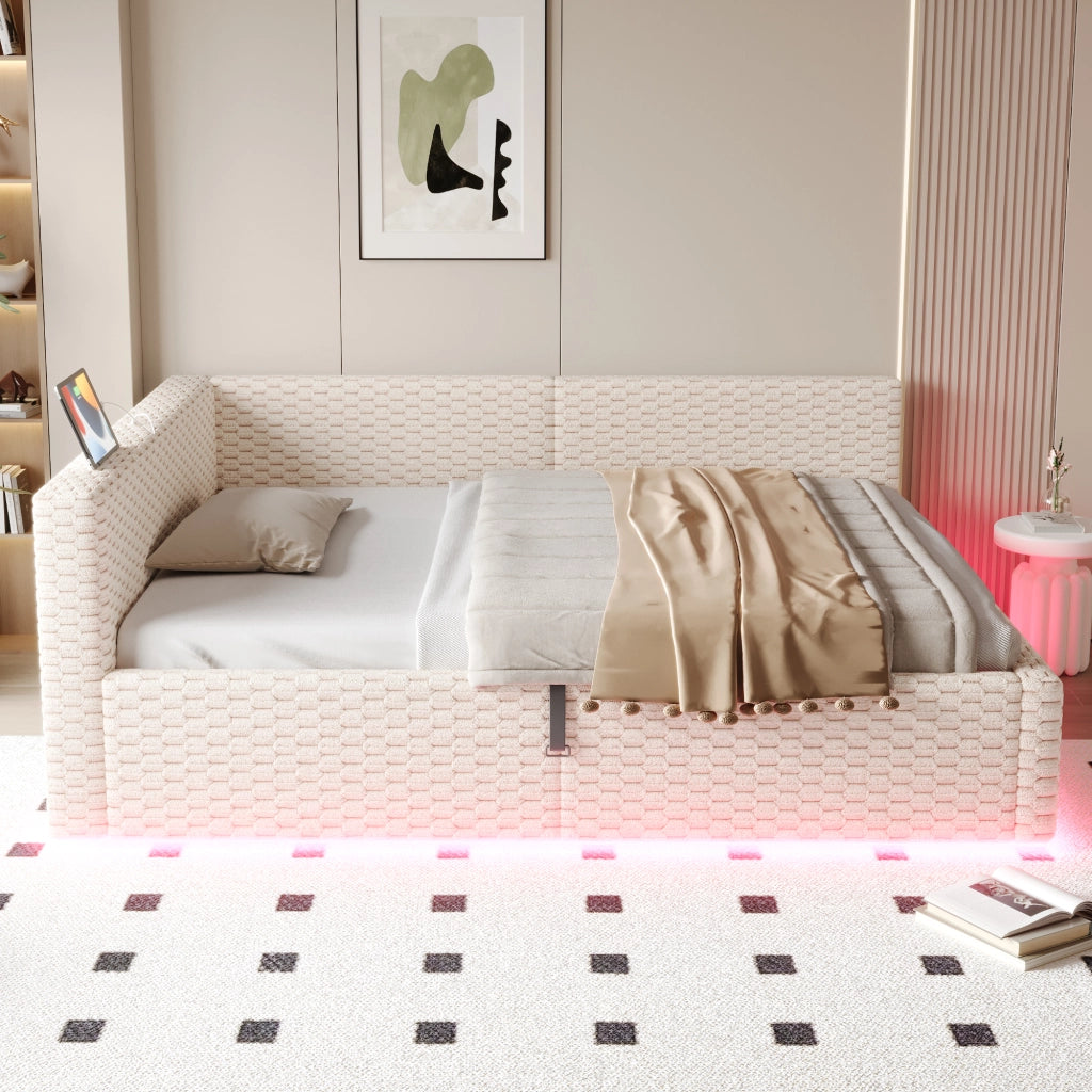 Letto Matrimoniale 140x200 cm; Contenitore; LED; USB e Tipo C; in Velluto; Beige
