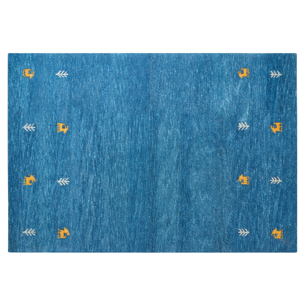 Tappeto Gabbeh in lana blu 140 x 200 cm, trapuntato a mano con motivi animali occidentali e design rustico