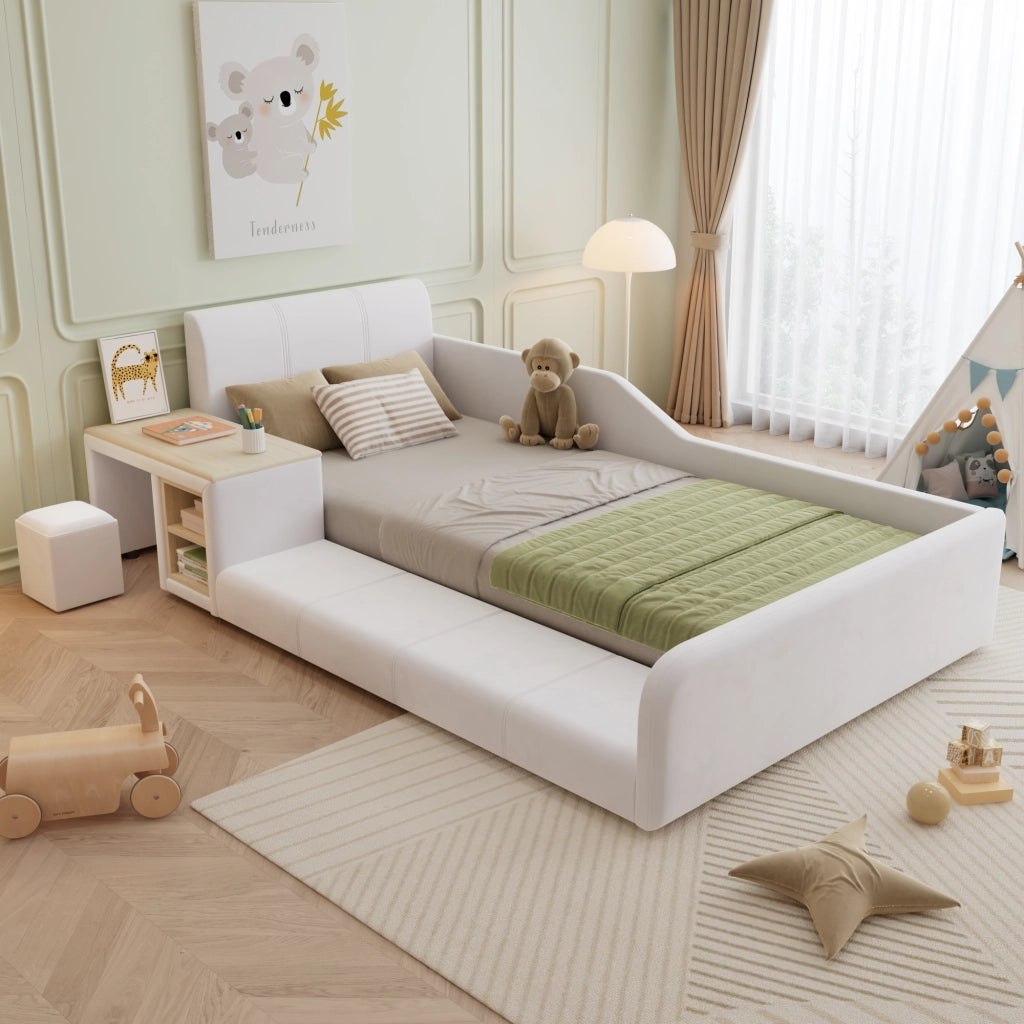 LETTO singolo 90x200 cm in velluto bianco con scrivania e sgabello