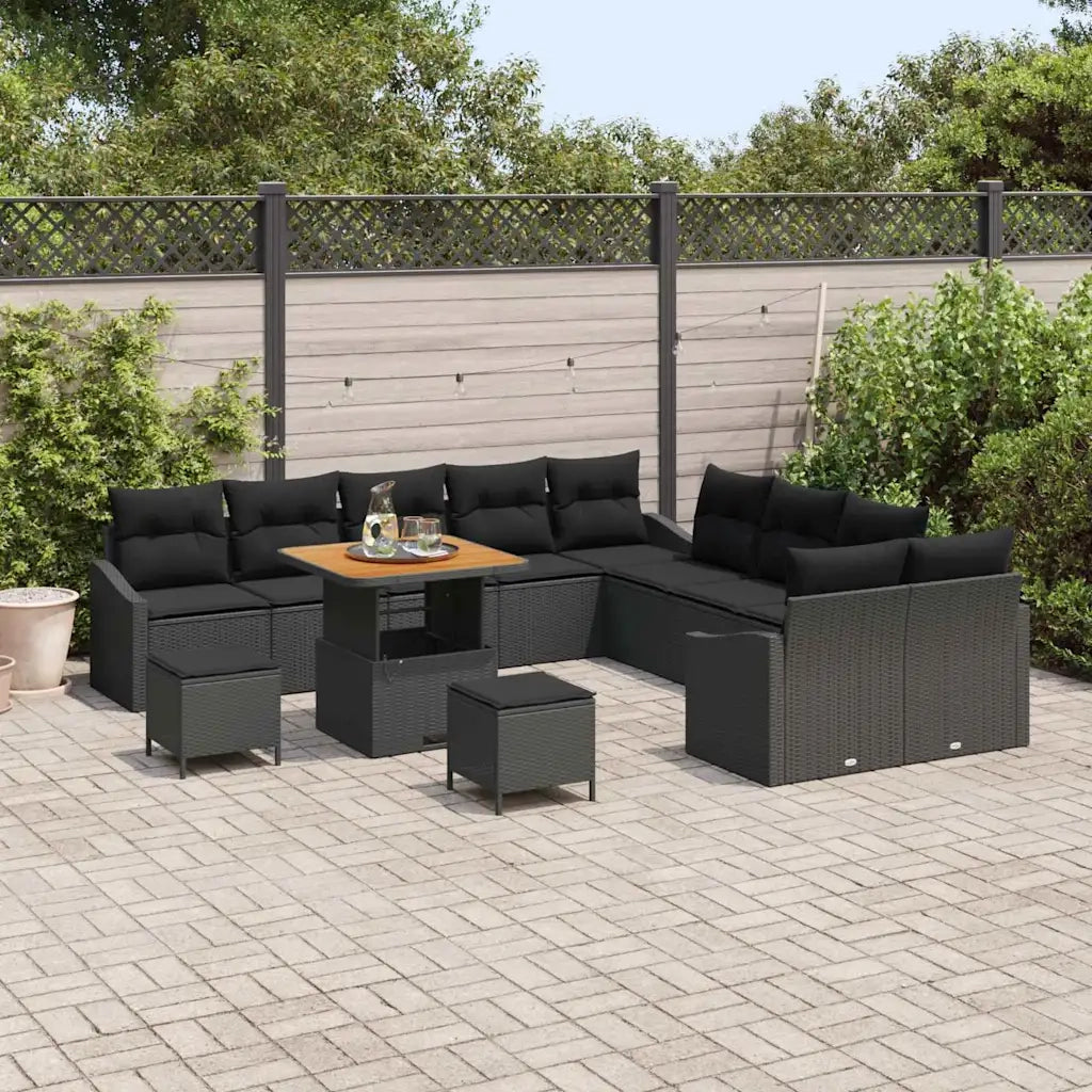 Set Divano da Giardino con cuscino 13 pcs Nero Poly Rattan