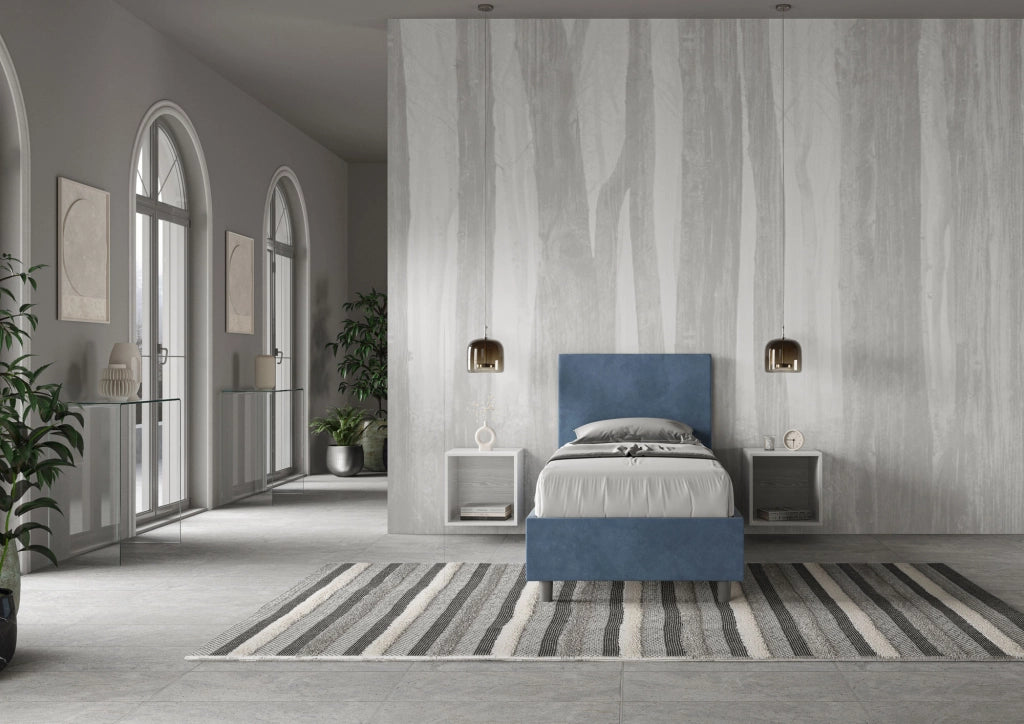 BS COM Letto singolo con rete imbottito 80x200 microfibra blu