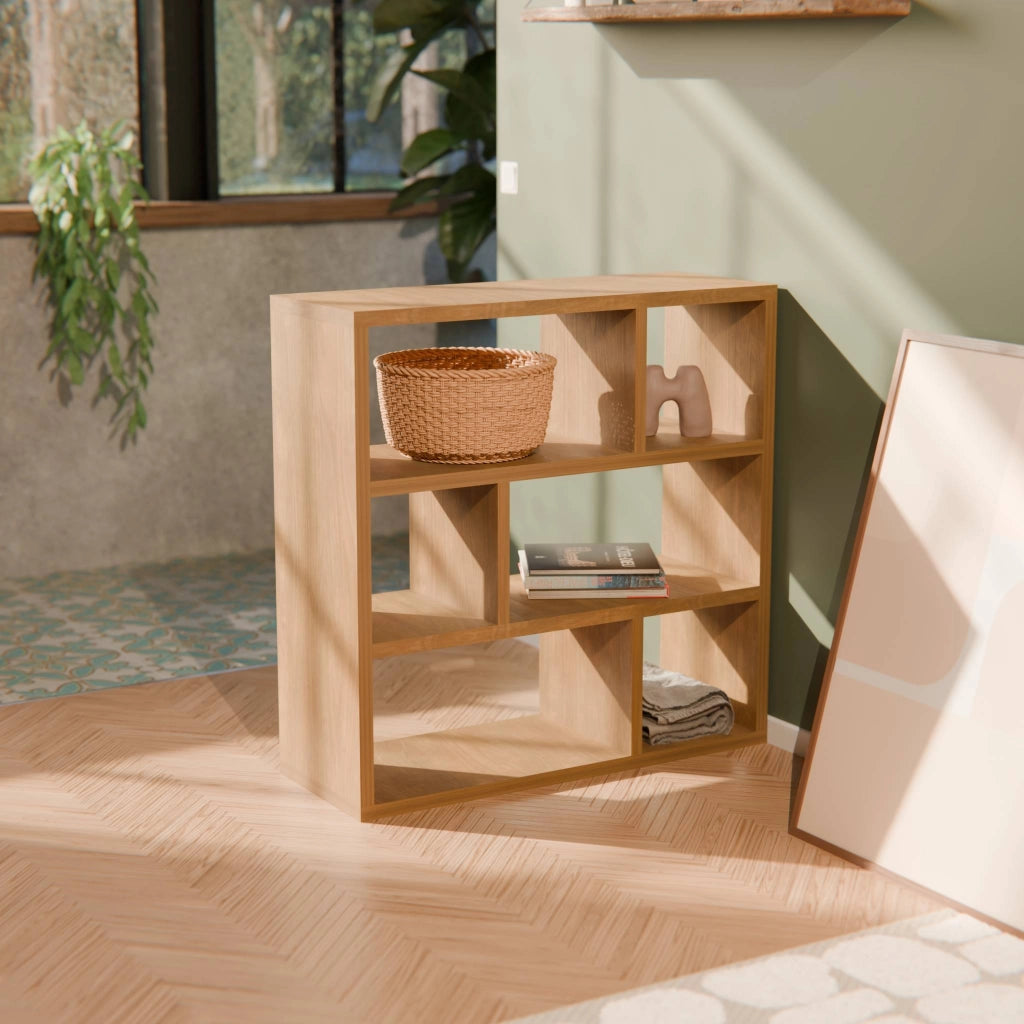Libreria asimmetrica a 3 livelli con 6 vani, effetto legno miele