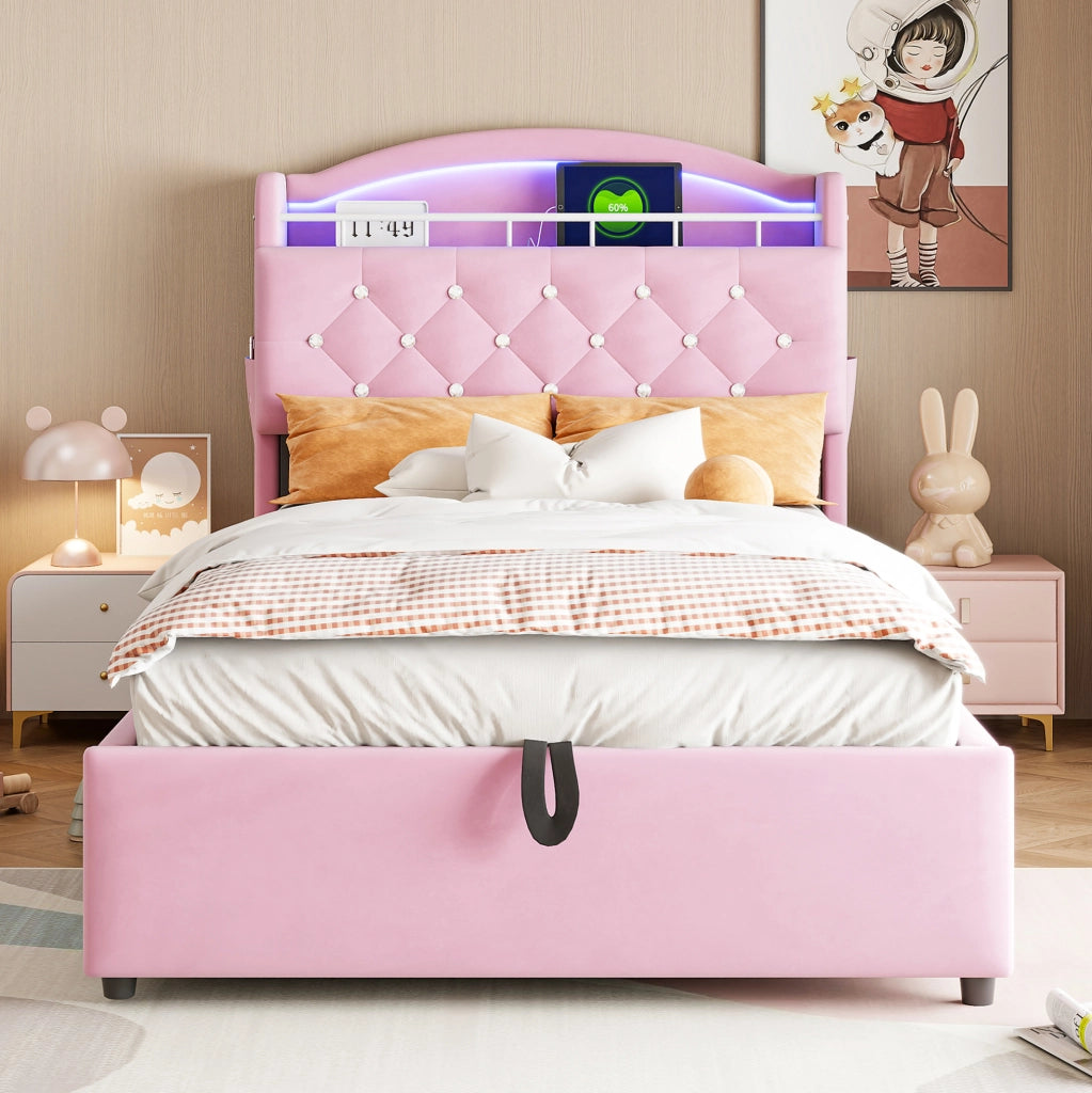 Letto imbottito 90x200 con contenitore, LED e USB, rosa