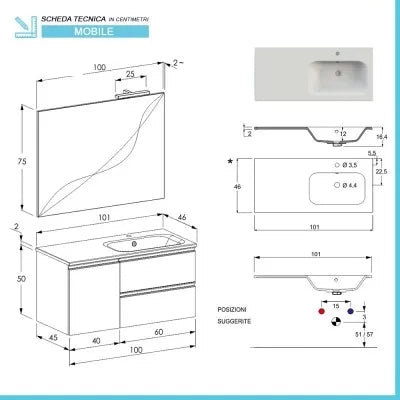 Mobile bagno sospeso 100 cm bianco opaco con cassetti e anta completo di lavabo a destra e specchio Master