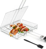 Griglia da barbecue portatile con manico in legno e utensile per sauté per pesce, verdure, carne e gamberi, misura 26 x 20 x 3,5 cm