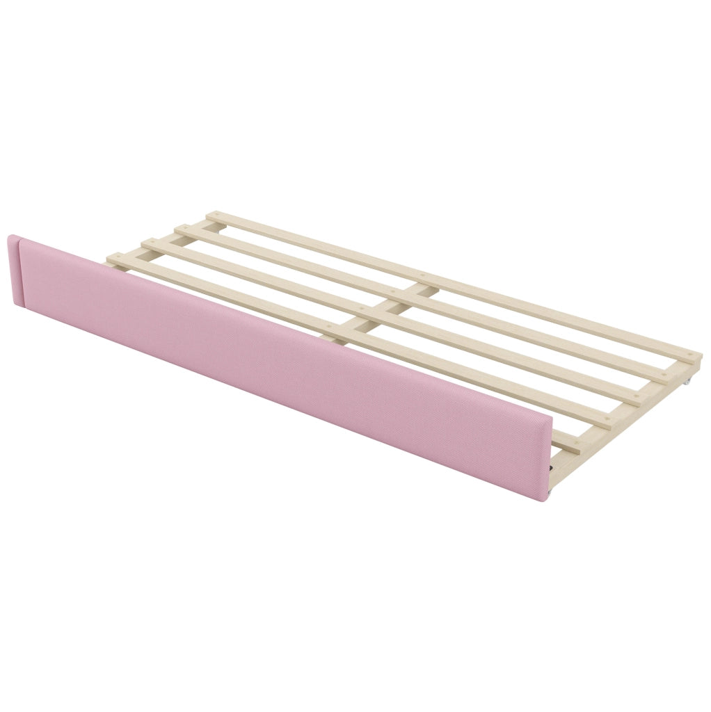 Letto imbottito 90x200 con LED, USB, letto estraibile e scrivania rosa