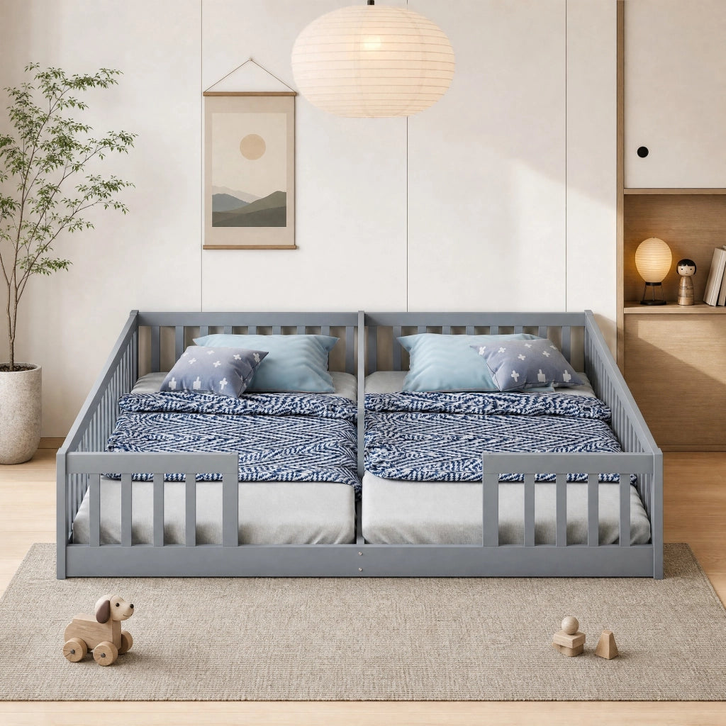 Letto per bambini 90x200 cm in pino e MDF, con sponde di sicurezza e rete a doghe, grigio