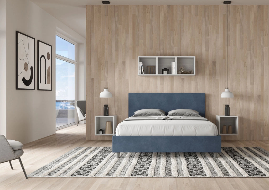 BS COM Letto matrimoniale senza rete imbottito 160x200 microfibra blu
