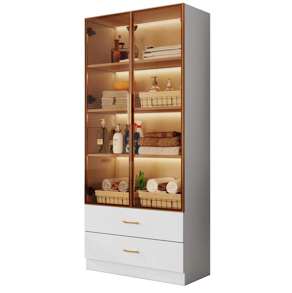 Armadio da bagno 75x34.5x170 cm con vani aperti e vetro temperato in MDF bianco
