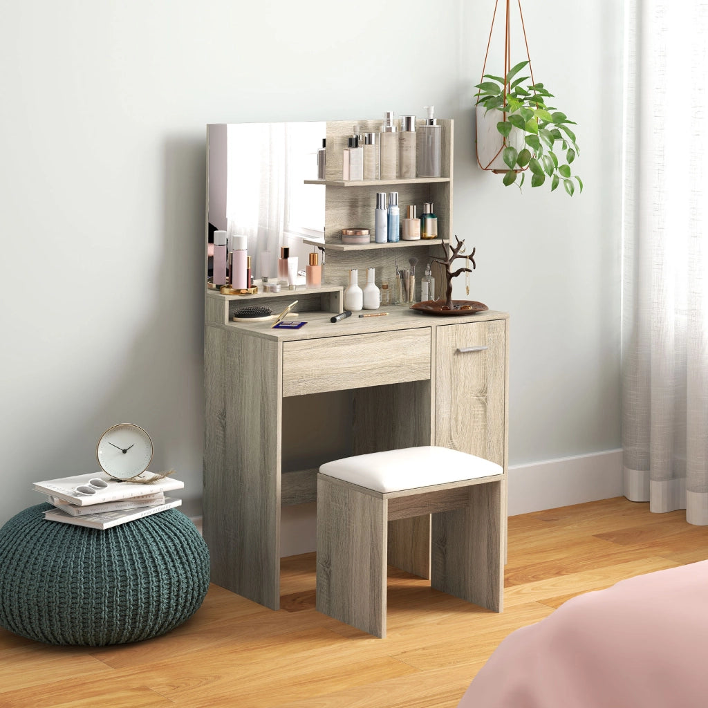Toeletta con Sgabello Specchio Cassetto Ripiani Aperti Regolabile Anti-ribaltamento ¨C Xylo ¨C Beige Naturale