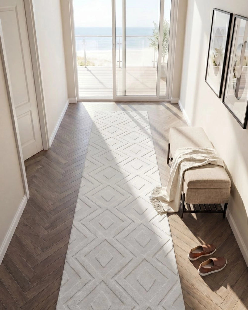 Tappeto da Soggiorno Bianco Sporco Jacquard 80 x 230 cm a Pelo Corto Rettangolare in Poliestere con Retro Antiscivolo Stile Moderno