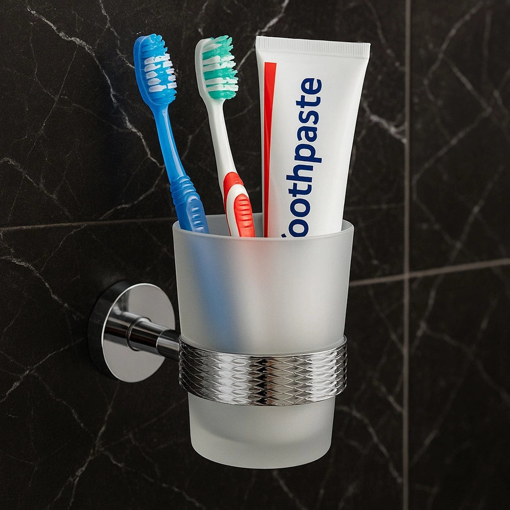 Trade Shop - Porta Spazzolini Da Denti In Acciaio Lucido Con Bicchiere Vetro Satinato Bagno 87917 -