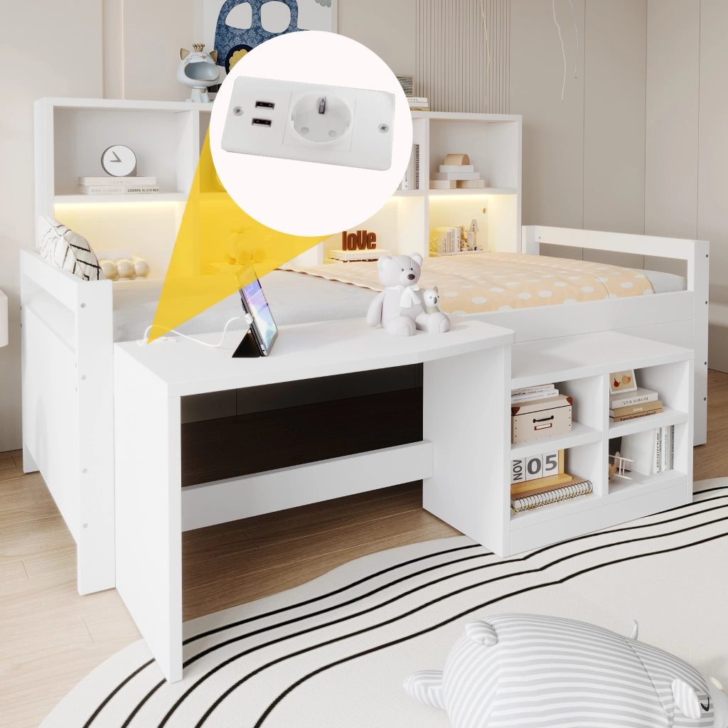 DESMIU Lit mezzanine 90 × 200 cm 1 posto con scrivania, vani contenitore, LED, USB e presa, senza materasso, bianco