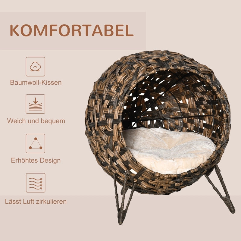 Casetta per gatti in rattan con cuscino, cuccia, grotta per gatti con piedini rialzati, marrone, ?52 x 58 cm