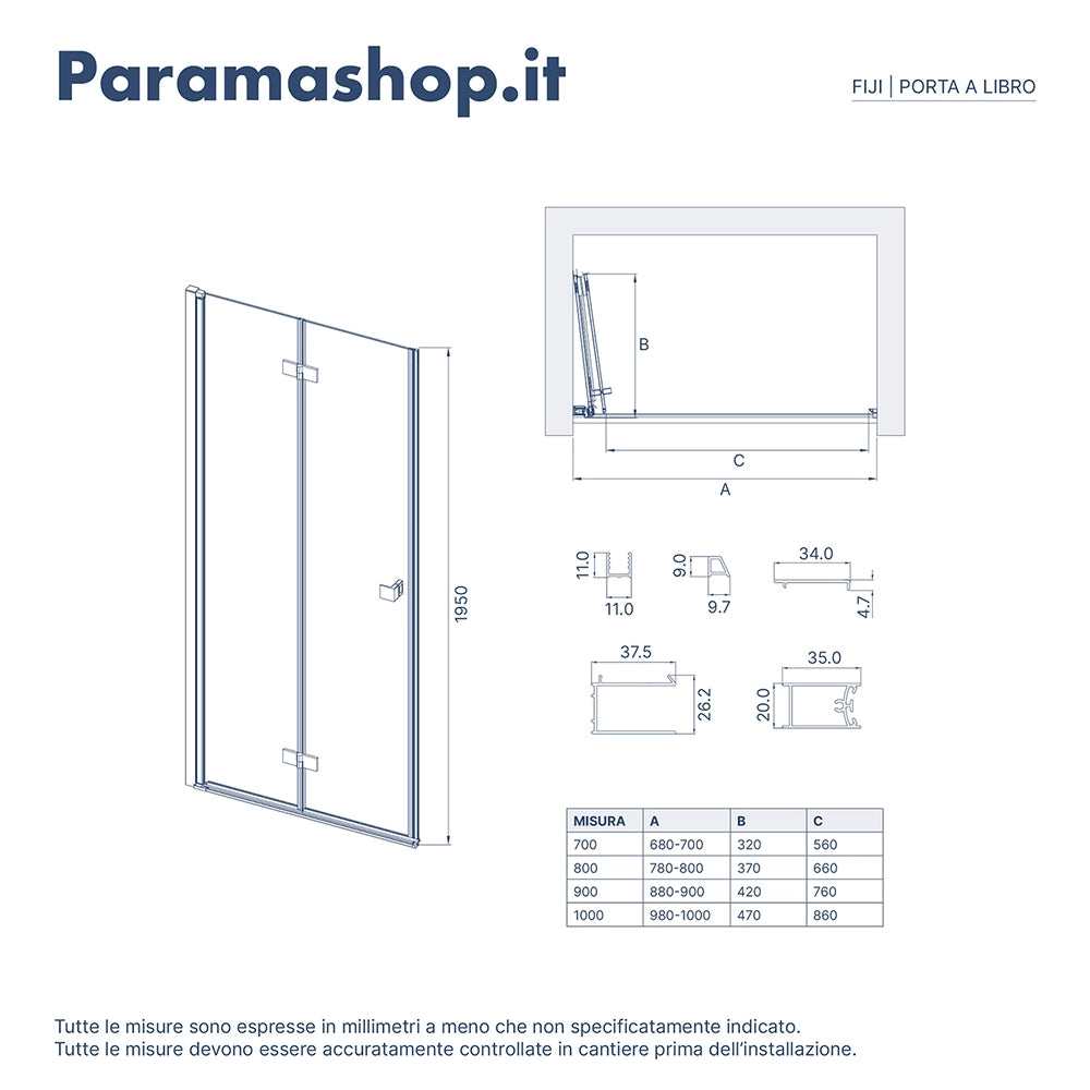 Porta doccia 100cm apertura a libro lato destro con profili cromati e vetro da 8mm trasparente h195 | Fiji