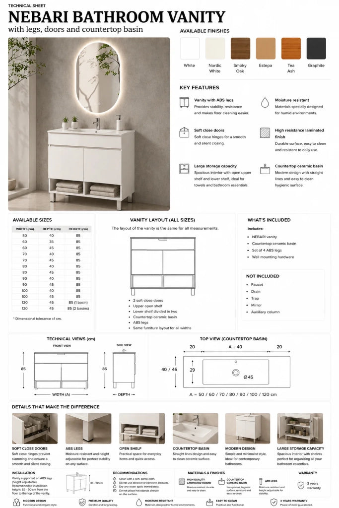 Mobile bagno con piedini con lavabo extrapiano ORIGENBATH NEBARI senza specchio 120x45 cm doppio lavabo grafite