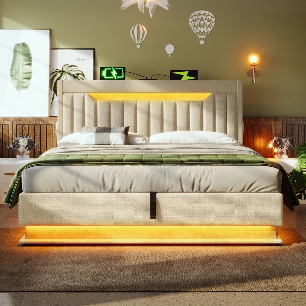 LETTO Contenitore 160x200 cm in lino beige con LED, USB e Type-C