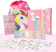 Cassetta di regali per bambini con 12 matite unicorni e 1 contenitore, libro di note cartone animato, adesivi estetici e cartoncini da attaccare, rosa