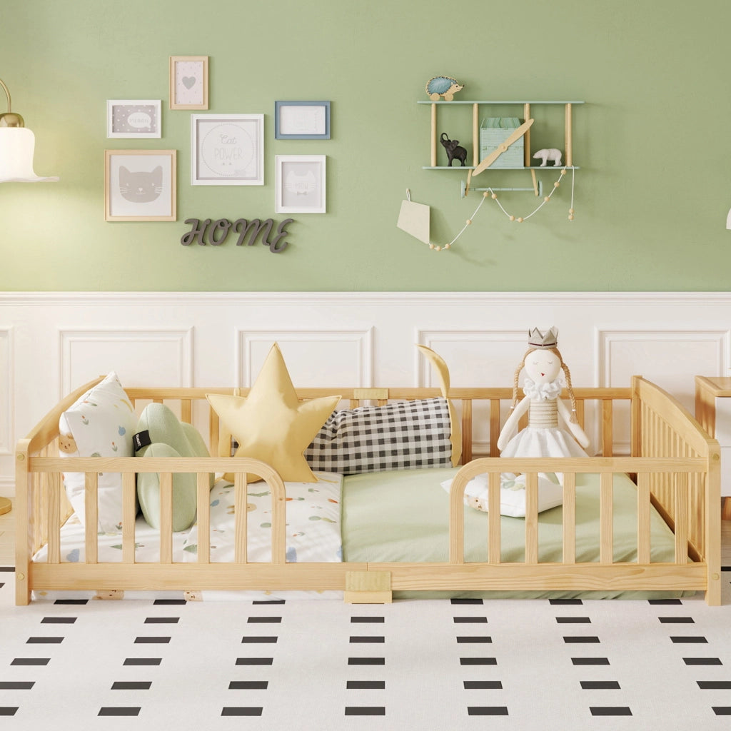 Lettino per bambini 140 x 200 cm, con spondine di sicurezza, senza piastra di base, colore del legno grezzo