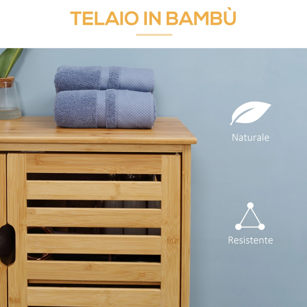 Mobile Bagno Moderno a 2 Ante con 2 Ripiani Ventilati in Bamb¨´, 68x32x86 cm, color Legno