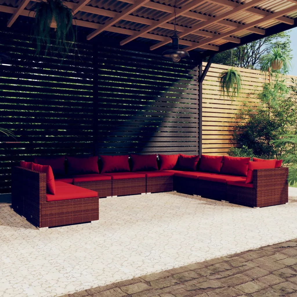 Set Divani da Giardino 10 pz con Cuscini in Polyrattan Marrone 3102435