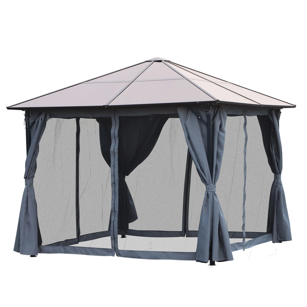 Gazebo con tetto in policarbonato e tende con zanzariera ¨C Zephmum ¨C Grigio scuro 300x300 cm