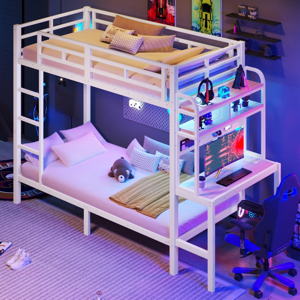 Letto a castello 90x200 cm con scrivania, mensole, LED e USB bianco