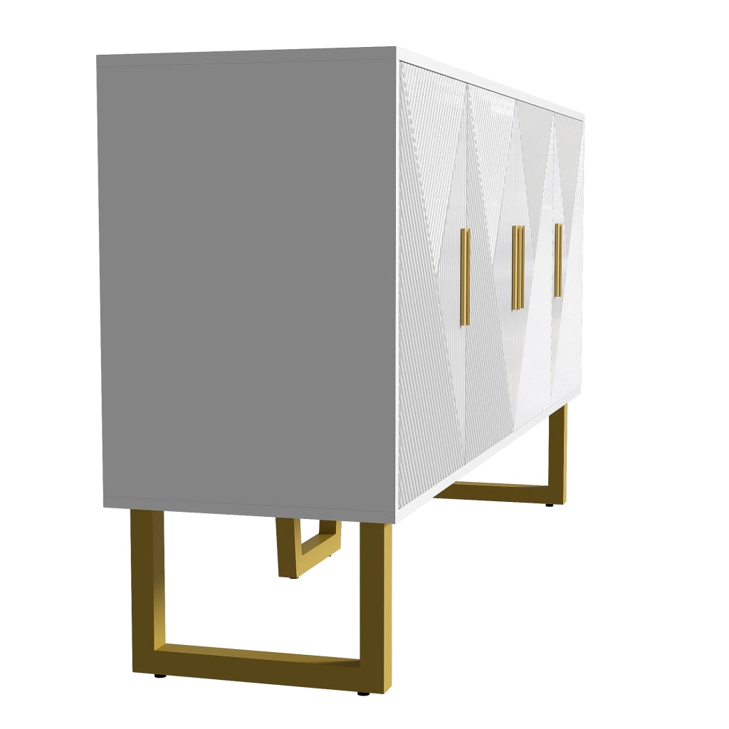 OKWISH Madia con 4 Ante e Ripiani Regolabili, Frontali Lucidi con Texture, per Soggiorno, MDF, Bianco, 150 x 40 x 82 cm