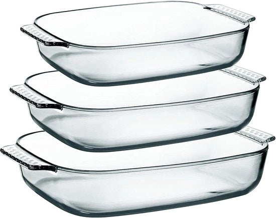 Set di tre teglie in vetro di borosilicato, 3 pezzi, 1,8 l + 2,5 l + 3,1 l, forma rettangolare per lasagna, forma ovale per teglia per forno con maniglie.