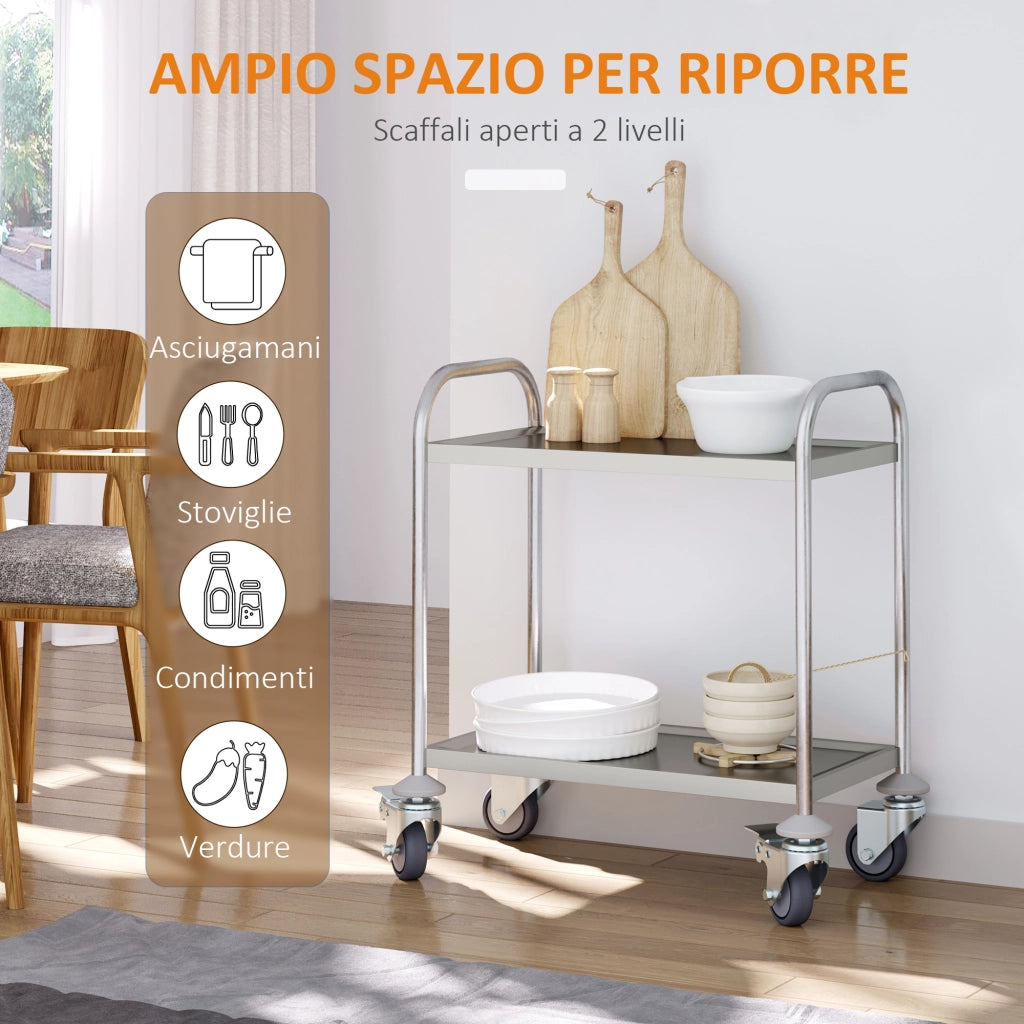 Carrello Cucina 2 Ripiani, Carrello con Ruote Portatutto, Carrello Portavivande in Acciaio Inox, 80x45x82cm, Argento