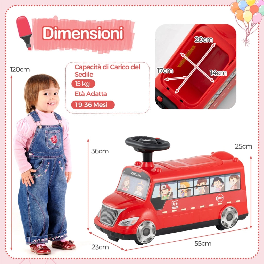 Auto a spinta per bambini con pulsante musicale comparto di stoccaggio ruote universali, Autobus da passeggio Rosso-Macchinine giocattoli