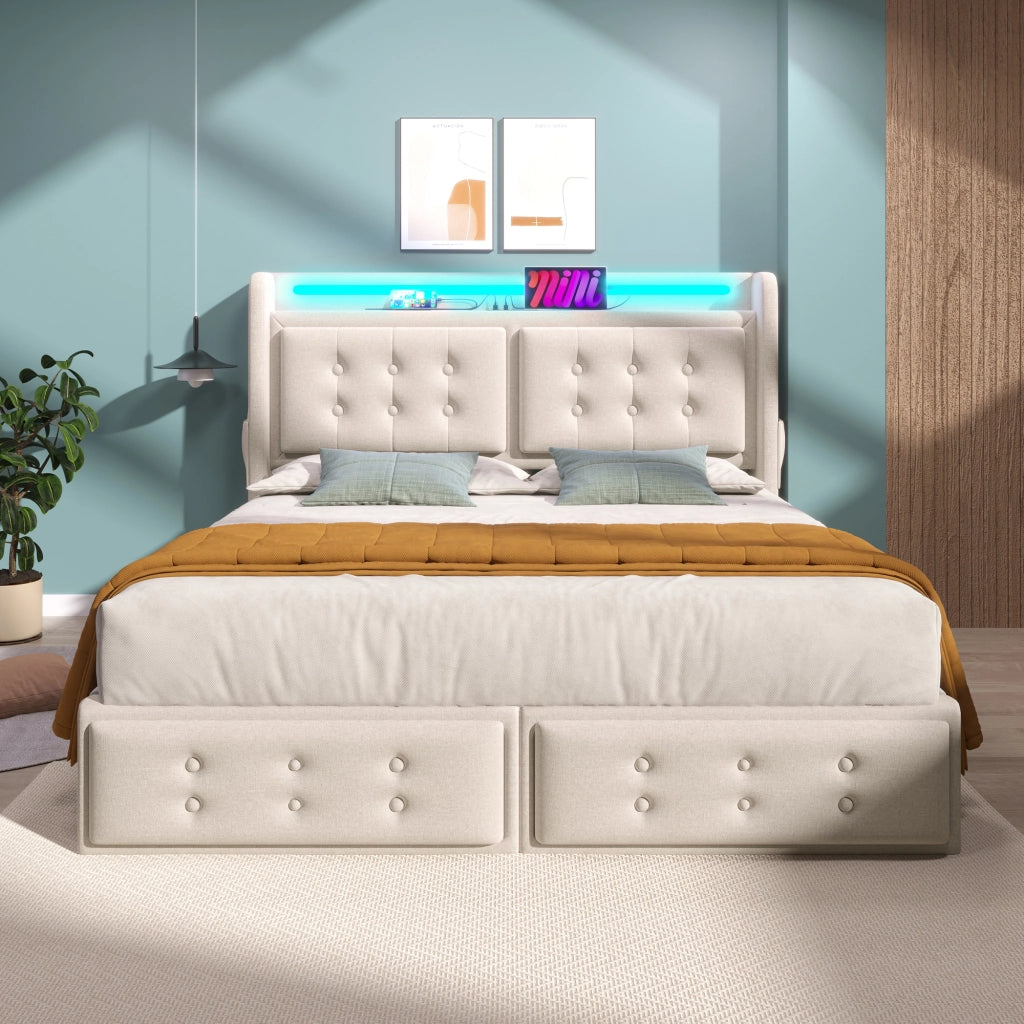 Letto Matrimoniale 180x200 Beige con 4 Cassetti; LED; 2 Prese; USB e Type-C