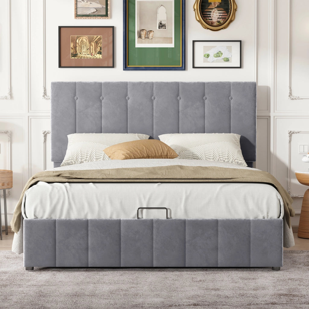 DESMIU Letto matrimoniale 140 × 200 cm con contenitore idraulico, 2 posti, senza materasso, in velluto, grigio