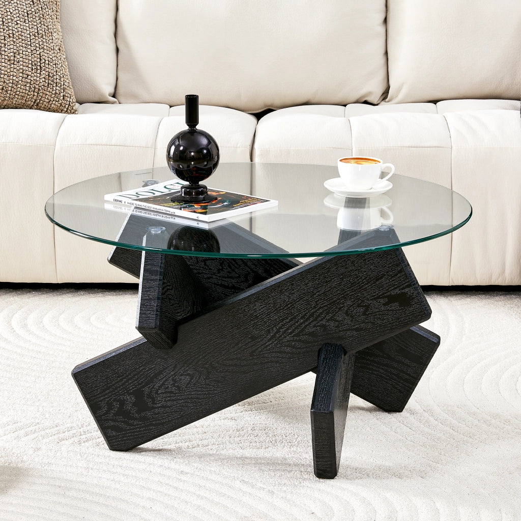 Tavolino da caffè rotondo in MDF e vetro 79 cm, nero e trasparente, con base a croce