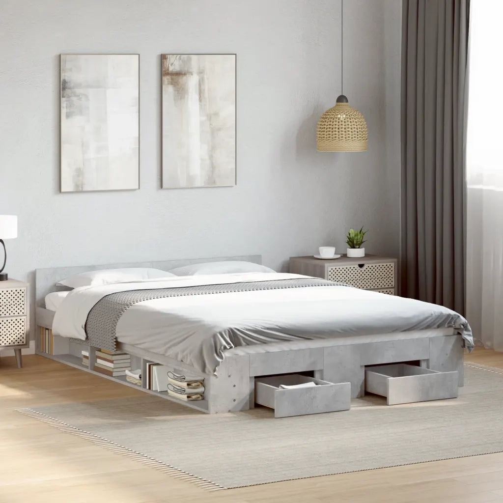 Letto matrimoniale | Letto per adulti | Giroletto Cassetti Grigio Cemento 140x190 cm Legno Multistrato