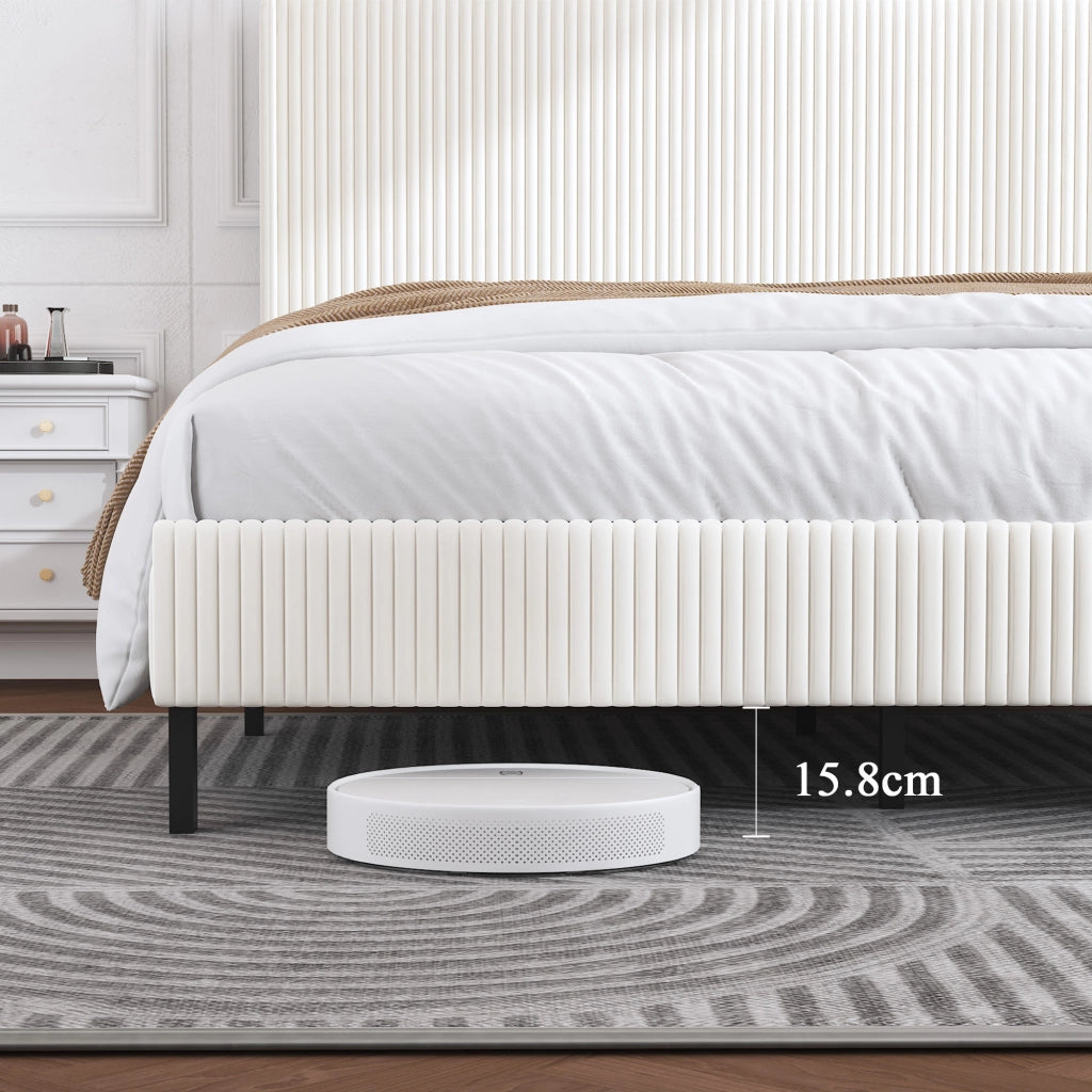 Letto imbottito matrimoniale 180×200 cm con testiera in corduroy; struttura metallica e materasso escluso; beige crema
