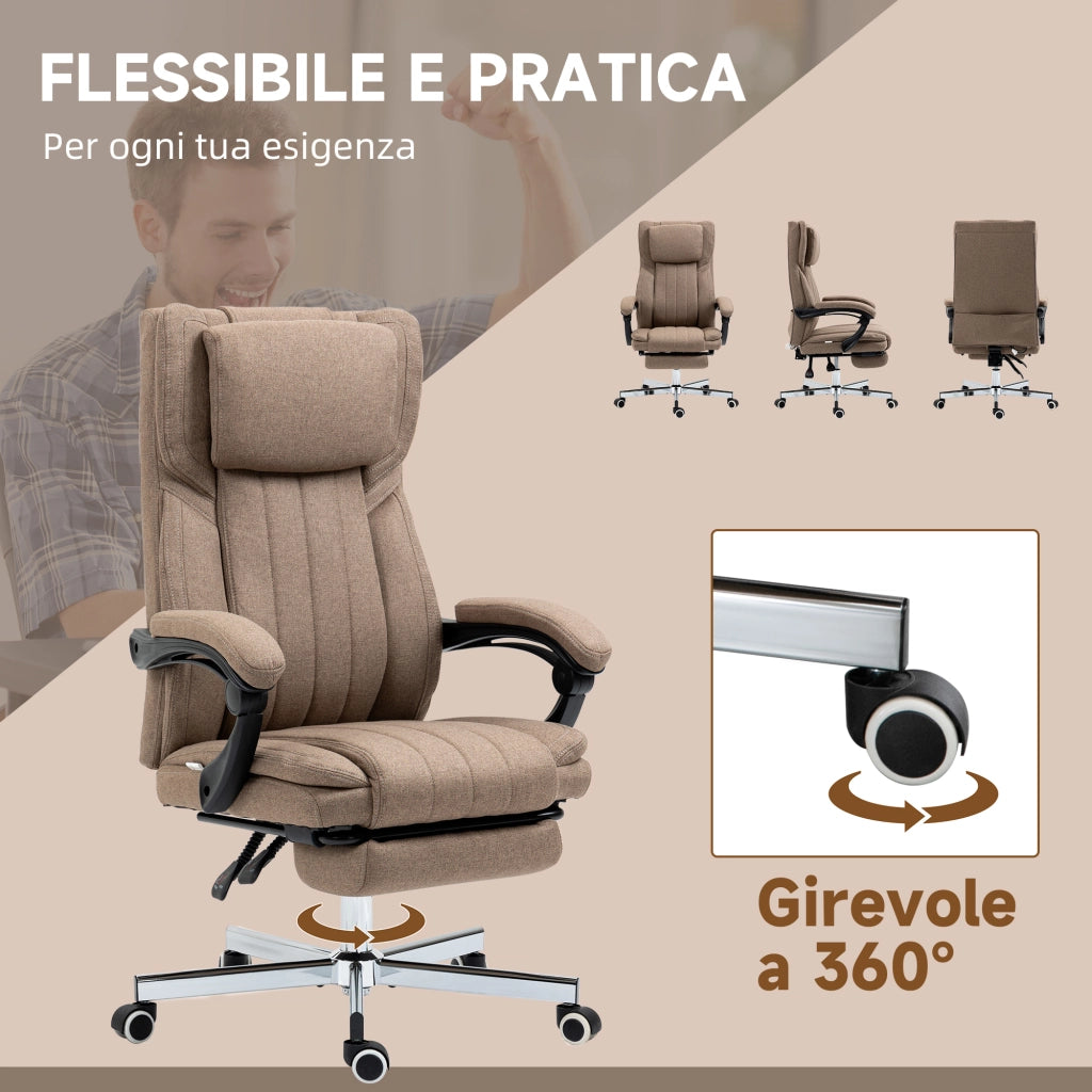 Sedia da Ufficio con Poggiapiedi ¨C Minimal ¨C Marrone, Tessuto Effetto Lino, 65x61x108-118 cm