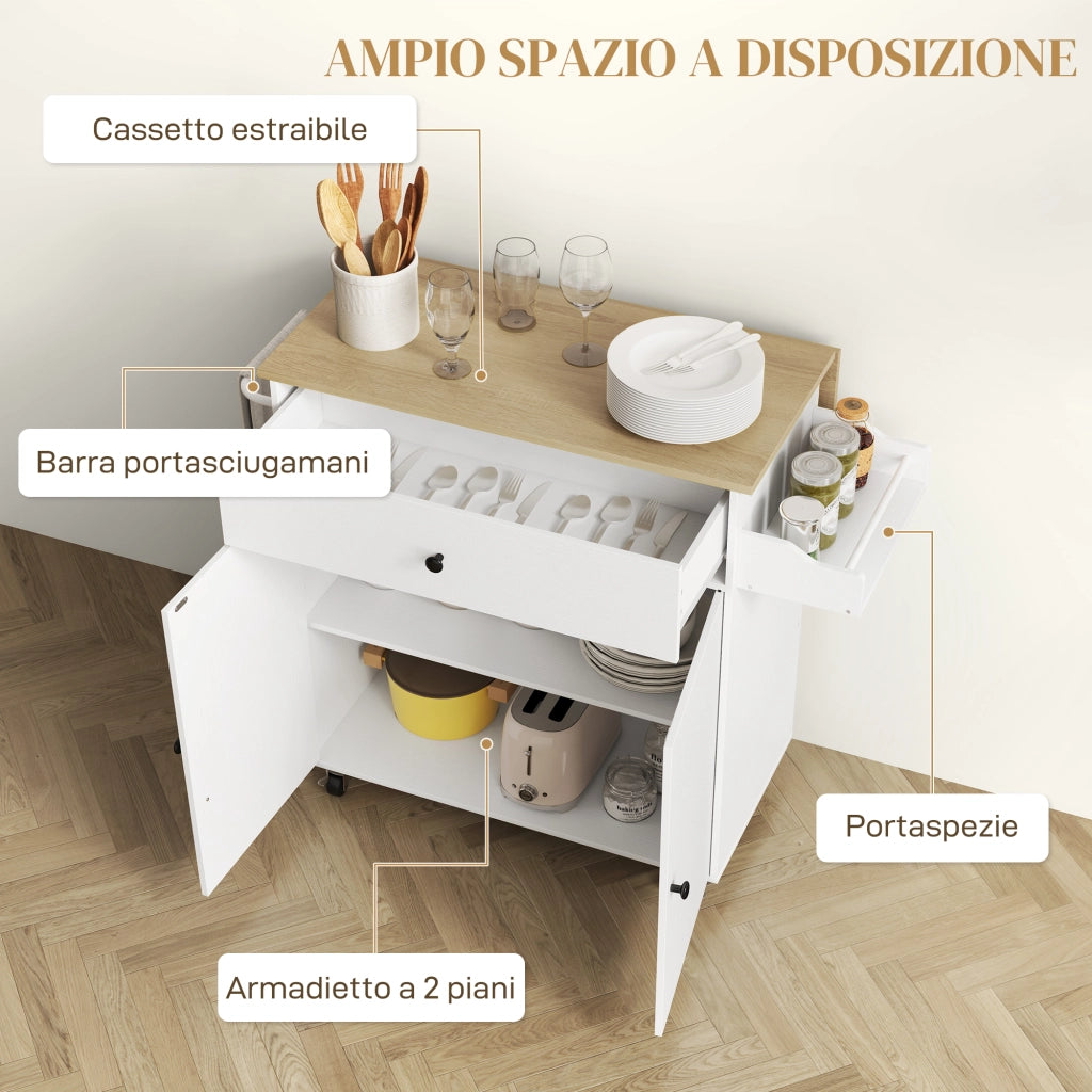 Tavolo da Cucina con Cassetto, Armadietto e Portasciugamani ¨C Zephmum ¨C Bianco e Rovere 106x42x87 cm