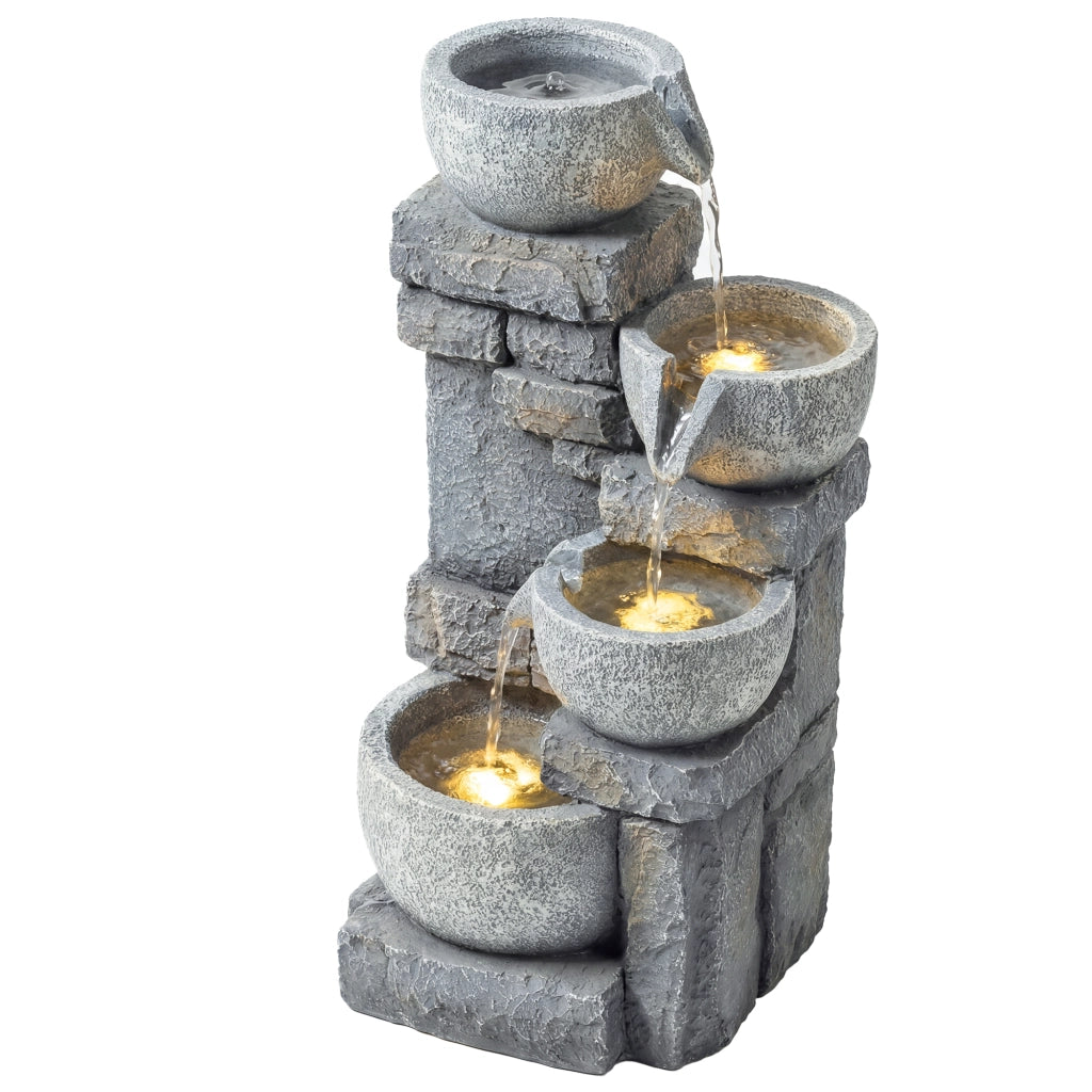 Fontana da Giardino a Cascata 4 Livelli Effetto Pietra e Mattone con Luce LED ¨C Minimal ¨C 28x25x54.5 cm Grigio