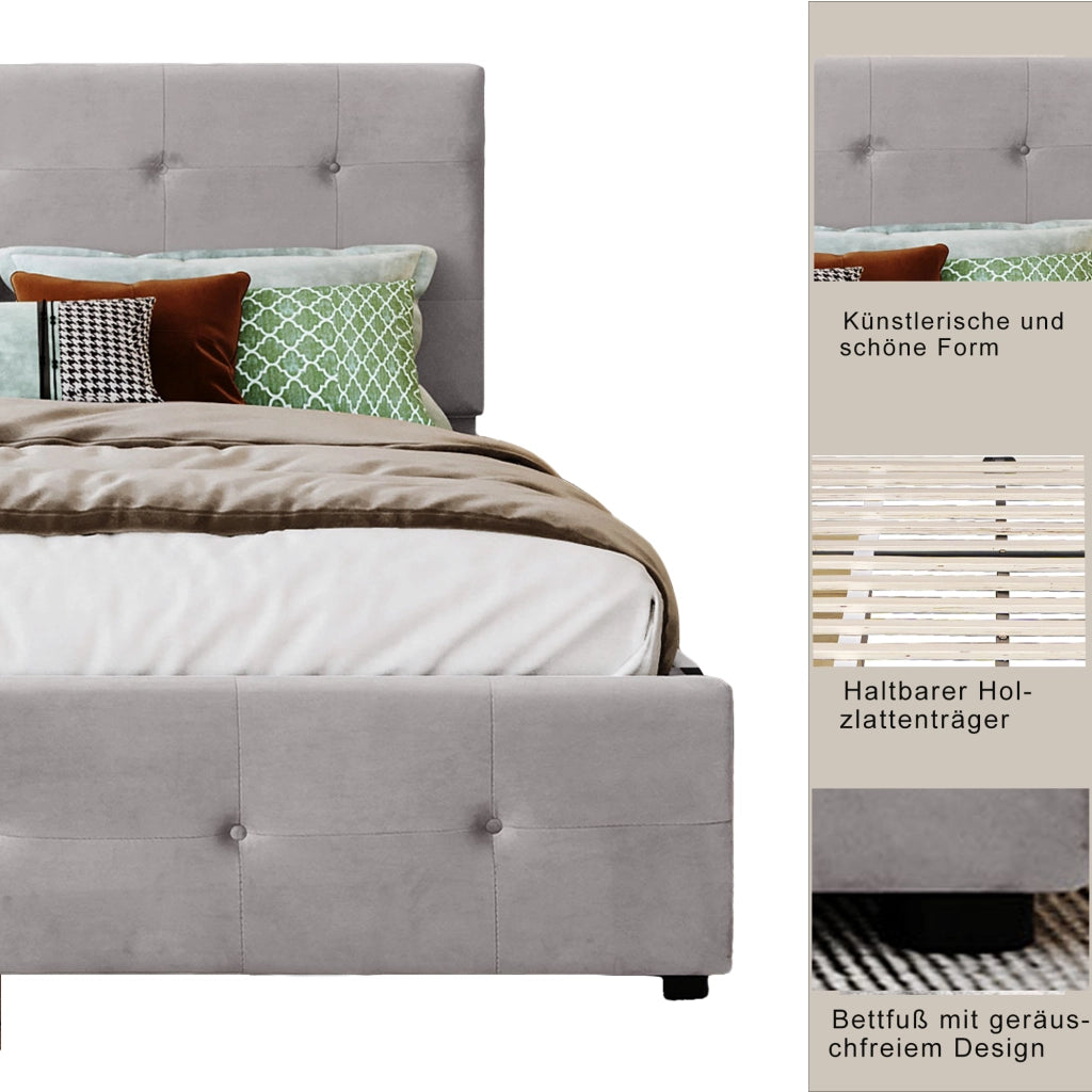 LETTO imbottito 140x200 cm con 4 cassetti, velluto grigio