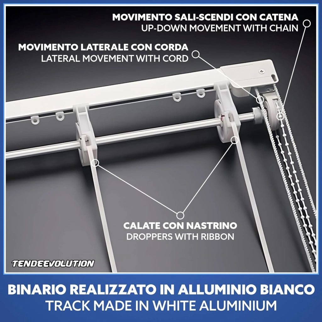 Bastone Tenda a Pacchetto Con Doppio Movimento, Binario Con Apertura Centrale a 10 Calate Lunghezza 260 CM Comando a sinistra