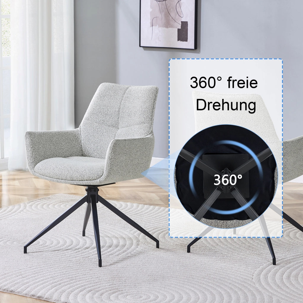 Chaise da pranzo girevole a 360° con braccioli e imbottitura in schiuma, in tessuto grigio chiaro e metallo nero