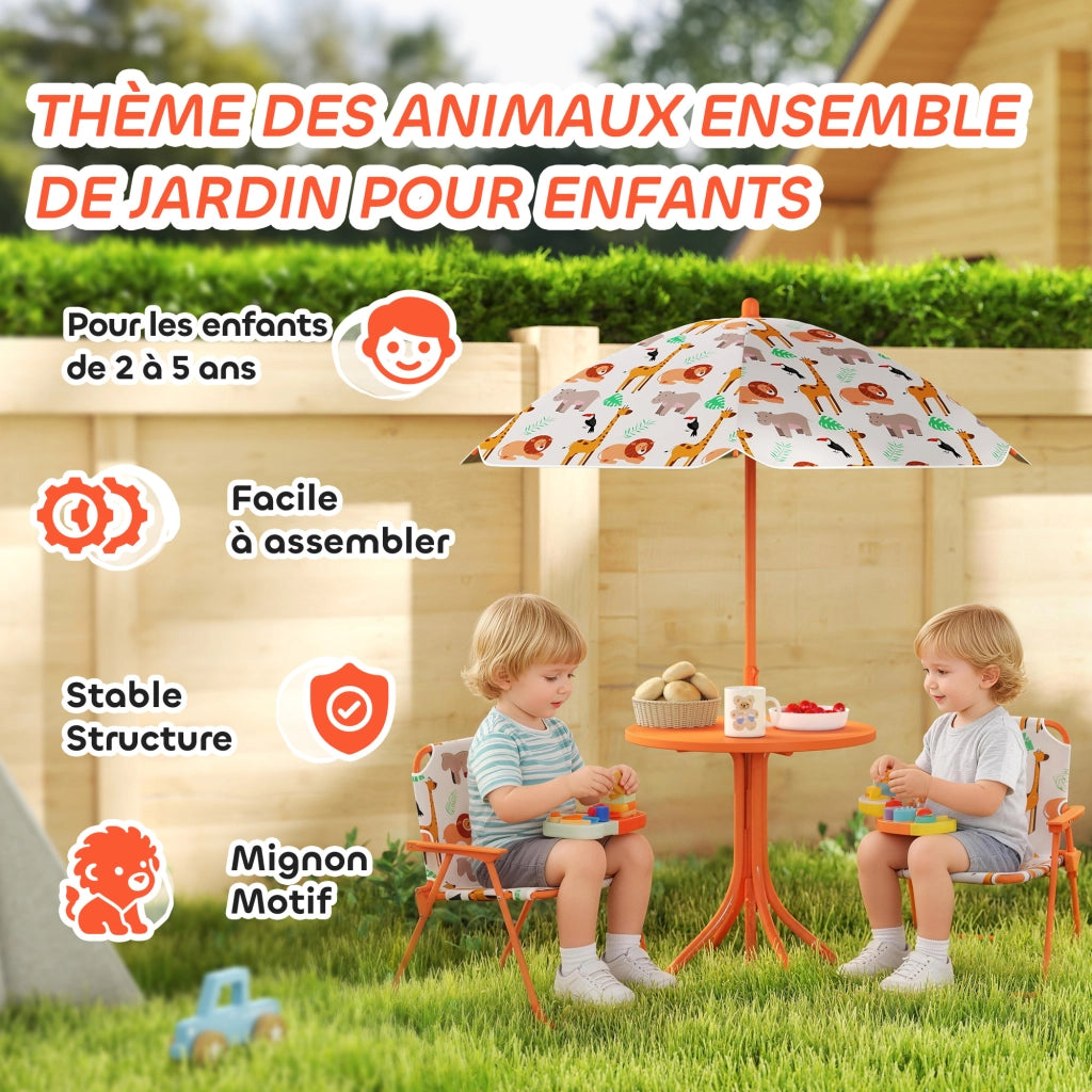 Set giardino bambini ¨C zephmum ¨C tavolo con 2 sedie pieghevoli e ombrellone, motivo animali, arancione