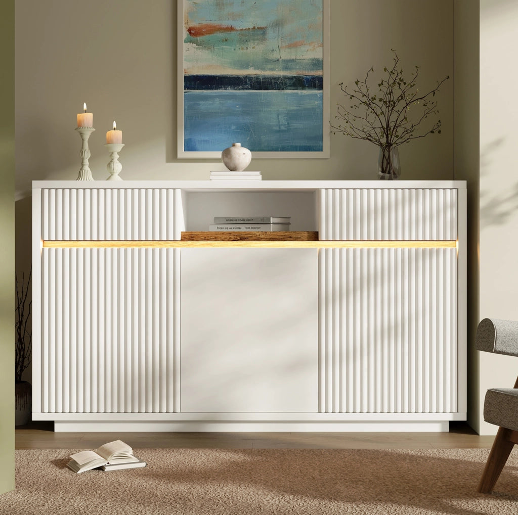 Credenza bianca moderna con LED; 140x40x85 cm; in MDF e truciolare