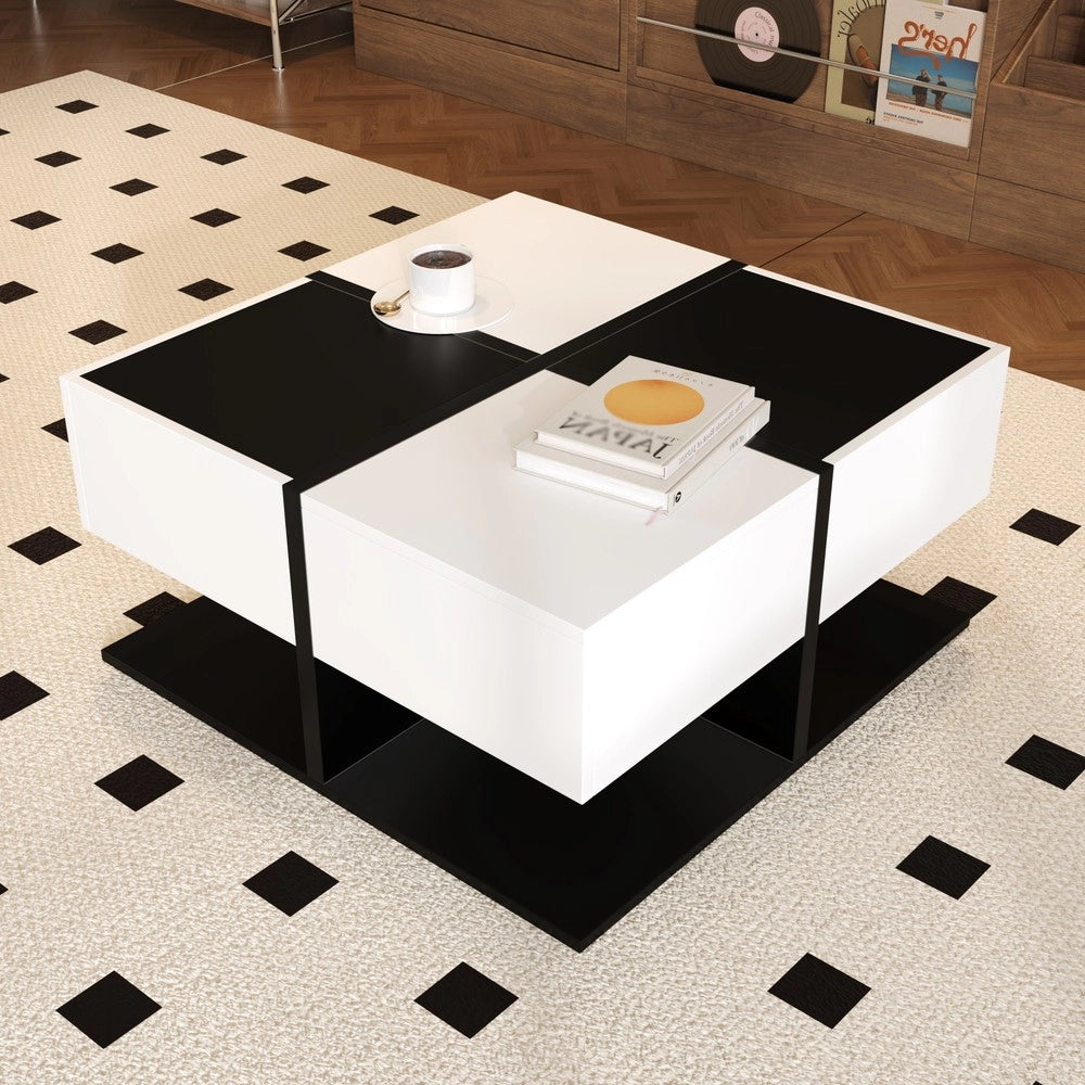 Tavolino da Caff¨¨ Quadrato con 2 Cassetti ¨C MINIMAL ¨C Nero/Bianco Lucido, 70x70x35,5 cm