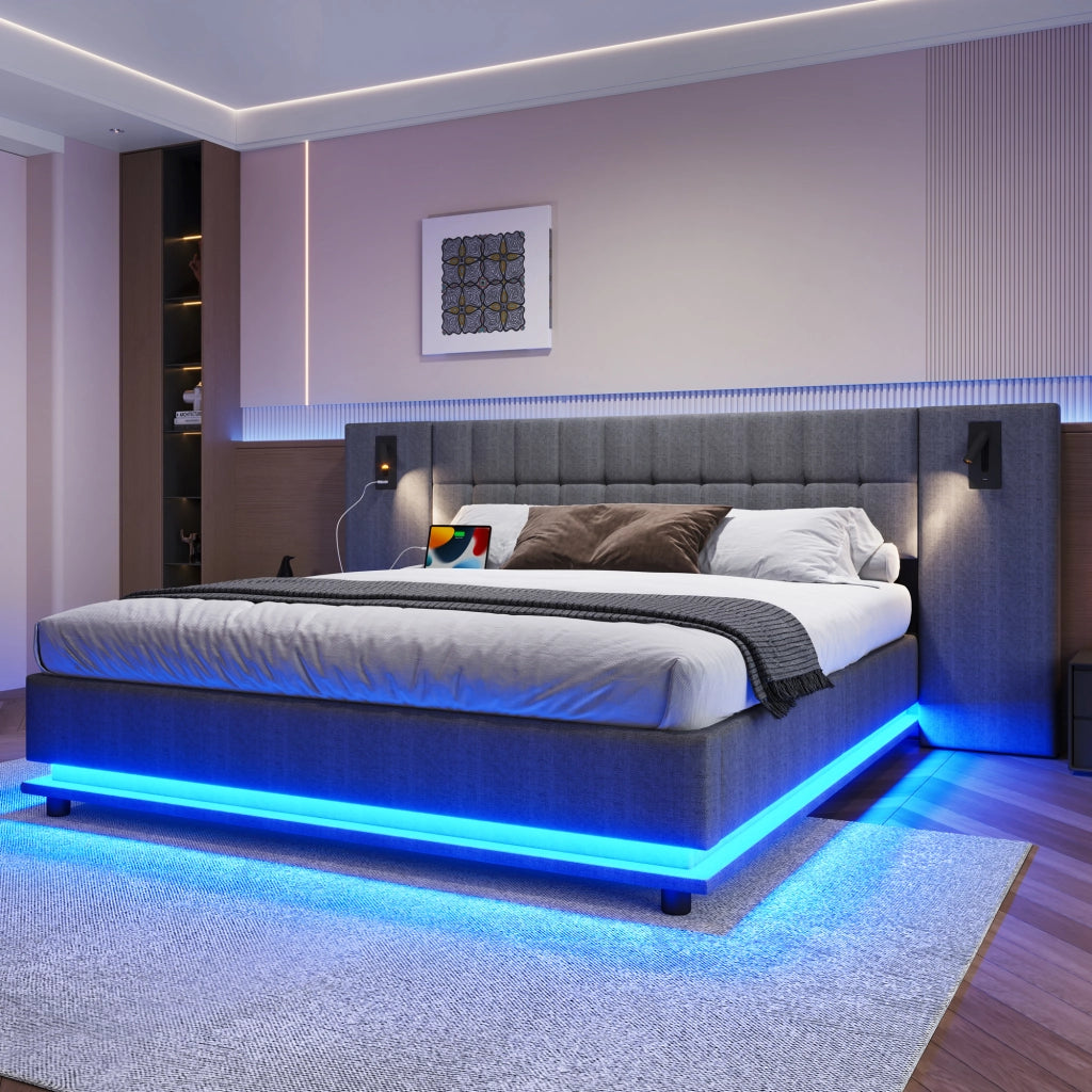 LETTO Imbottito 180x200 cm Grigio con LED, USB e spot, senza materasso